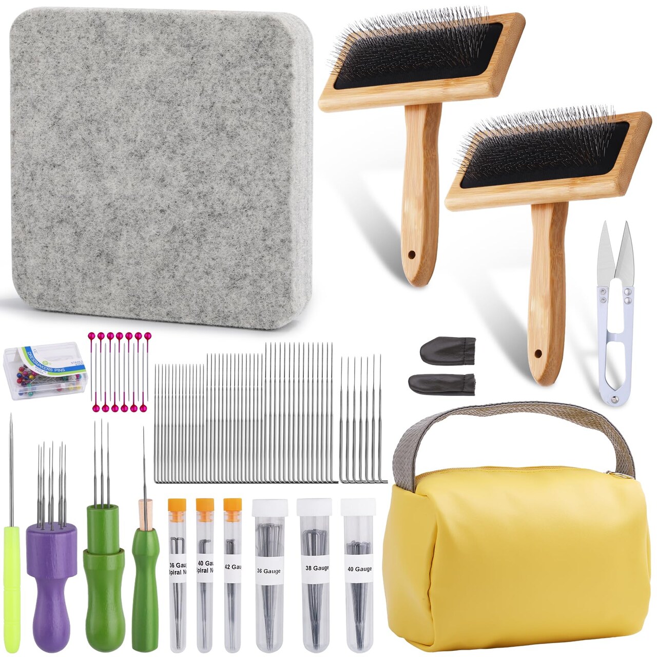 74 Needle Felting Tools, Needle Felting Kit with Hand Carders Wooden Wool Carders Needle Felting with Needle Leather Finger Protector for DIY Felting Wool Projects
